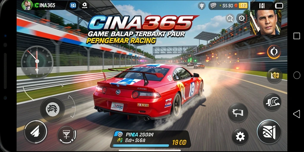 Tampilan gameplay CINA365 dengan mobil balap di lintasan yang menantang.