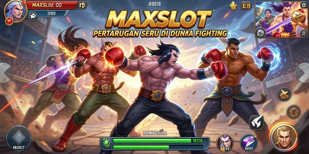 Tangkapan layar utama MAXSLOT menampilkan pertarungan epik antar karakter.