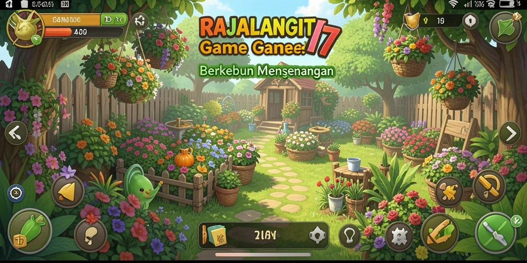 Screenshot gameplay RAJALANGIT77 saat berkebun dengan berbagai tanaman.
