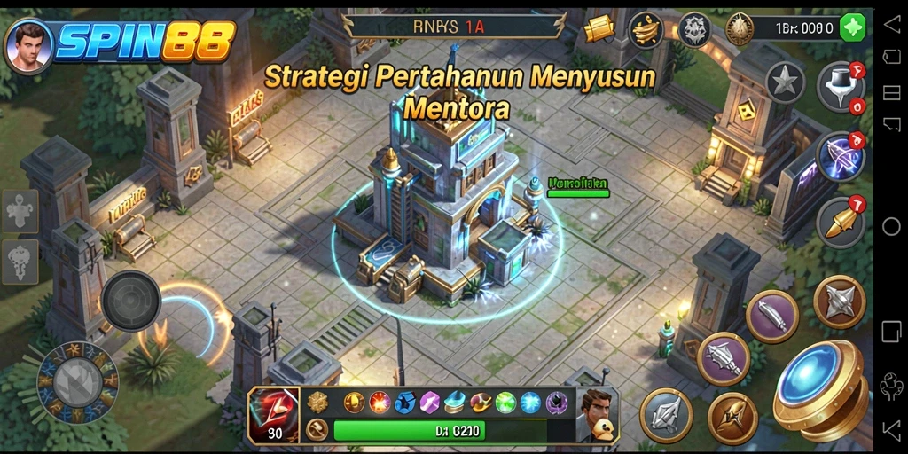 Tampilan gameplay SPIN88 dengan menara pertahanan yang strategis.