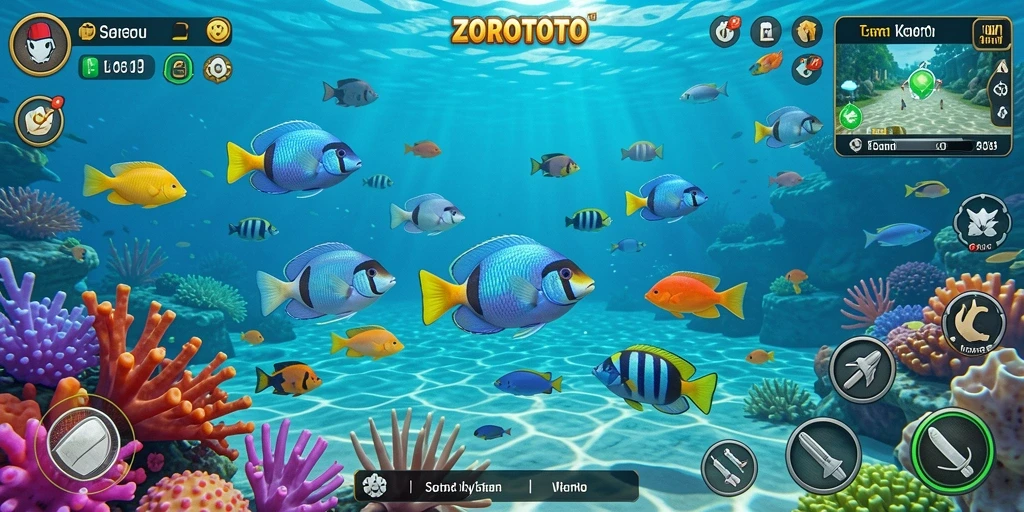 Gameplay seru ZOROTOTO saat menangkap ikan di bawah laut.
